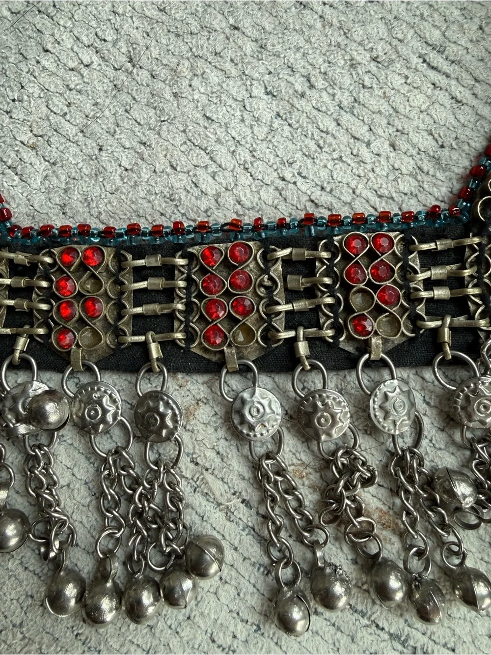 Vintage Afghan Kuchi Tribal Waist Belt Glass Medallions Bells Boho 64”